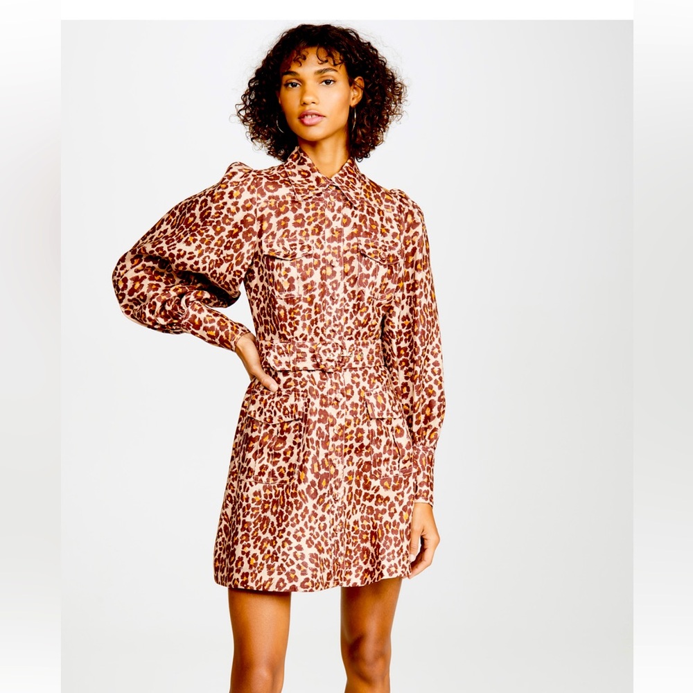Zimmermann Multicolor Espionage Leopard Linen Puff Sleeve Dress Size 0